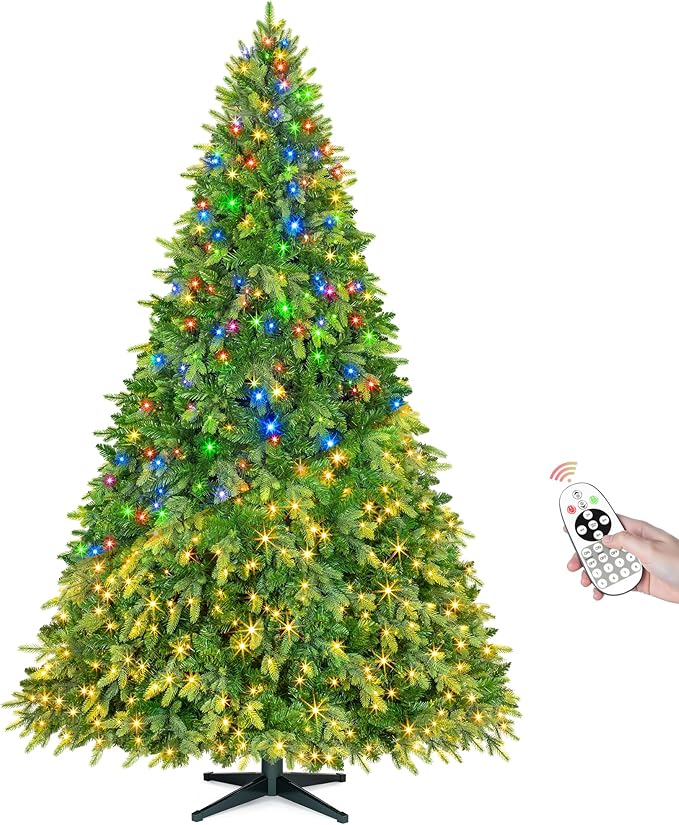 7.5FT Christmas Tree with Auto-Rotating Stand, Green Pre-Lit Artificial Xmas Trees with Remote & Music Function, PE&PVC, 1470 Branch Tips, 470 LEDs, Warm & Multi-Color Light, 8 Lighting Modes