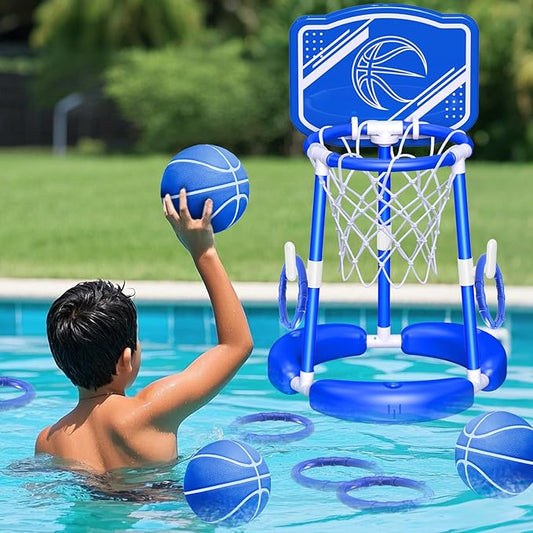 SpringFlower Pool Basketball Hoop with Backboard, Kids & Adults Swimming Pool Floating Basketball Pool Game,Pool Floating Basketball Pool Toy with Ring Toss, 2 Pcs Balls and Pump, Blue