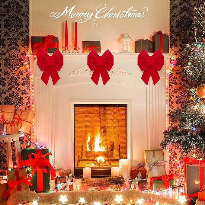 MEWTOGO 6 Pcs Small Red Bows Christmas Tree Decor - 10.2"×7.9" Velvet Red Bows with Golden Tie, Easy Hanging for Window/Stairs/Porch/Gifts Warp/Party Supplies