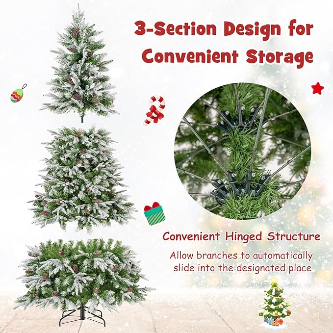 Goplus 7.5 FT Pre-Lit Artificial Christmas Tree, Snow Flocked Hinged Xmas Tree with 470 Warm-White LED Lights, 1135 Tips, 81 Pine Cones, Lighted Xmas Tree for Office Home Decoration