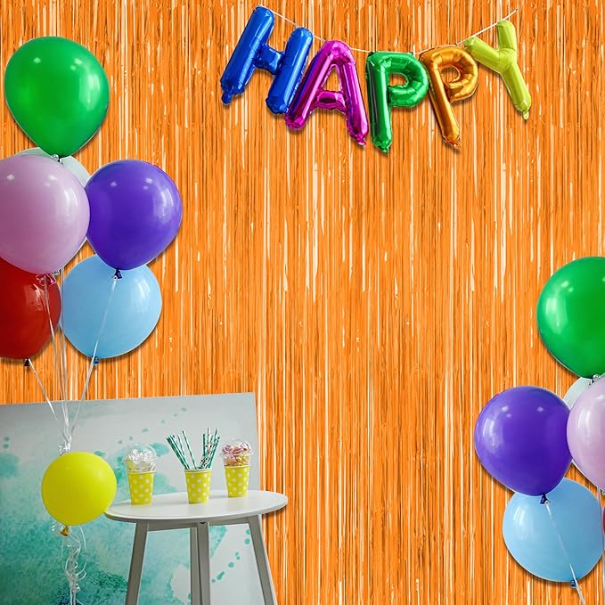 2 Pack Backdrop Curtains, 3.28 FT x 7.05 FT Orange Color Tinsel Backdrop, Metallic Party Streamer Fringe Curtains, Foil Curtains Halloween Decor Birthday Party Supplies