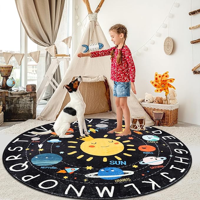 ABC Kids Round 4 Ft Soft Circle Alphabet Playroom Rug, Washable Non-Slip Solar System Educational Rug for Classroom, Playroom, Bedroom Decor