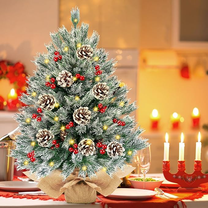 [ 8 Modes & Timer] 24 Inch Realistic Snowy Tabletop Christmas Tree Small Christmas Tree with 50 Warm Lights Battery Operated Red Berries Pine Cone Burlap Base Indoor Home Table Christmas Decorations