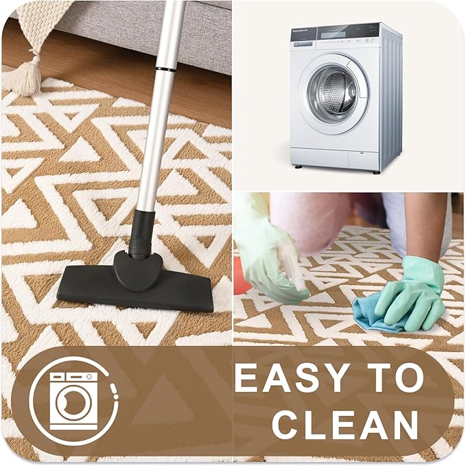 Ompaa Ultra Soft Shaggy Rugs Memory Foam Bedroom Carpet, Beige 5 x 8 Feet, Plush Geometric Textured Area Rugs for Living Room Couch Dorm Bedside Kids Girls Teens Room Nursery Decor Floor Mat