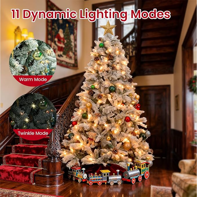 7ft Pre-lit Christmas Tree with Double-Sided Five-Fork PE & PVC Needles, Dense Realistic Pine Design, Easy Assembly Holiday Decoration Tree