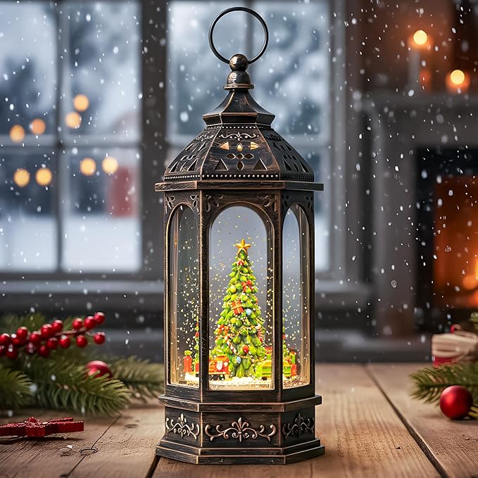 Christmas Snow Globe Lantern Octagon Rotating Train Christmas Tree Scene Music Box, USB and Battery Powered Christmas Decorations Presents.