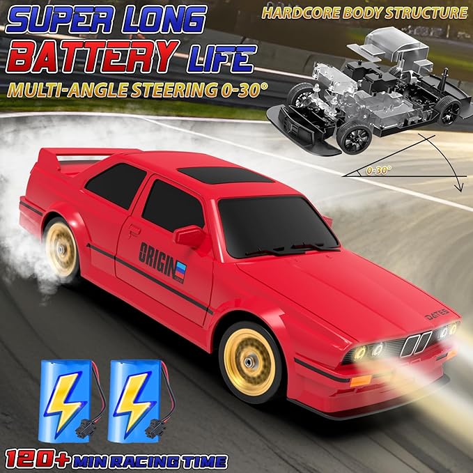 Remote Control Cars 1:16 Scale RC Drift Car 2.4Ghz 30KM/H High Speed 4WD RTR Racing Car with Drift Tires LED Lights 2PCS Rechargeable Batteries RC Sport Cars Toys for Adults Boys Girls Kids Gift