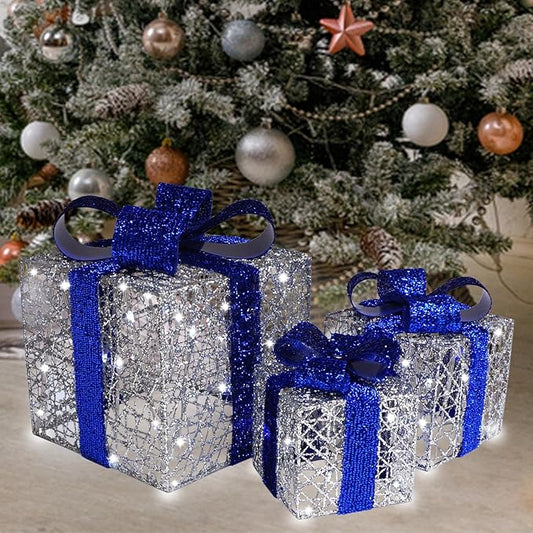 Lighted Gift Boxes Set of 3, Silver Boxes with Bow, Prelit 60 White Lights Present Box Lighted Display with Plug for Home Porch Outdoor Yard Christmas Decorations-Blue