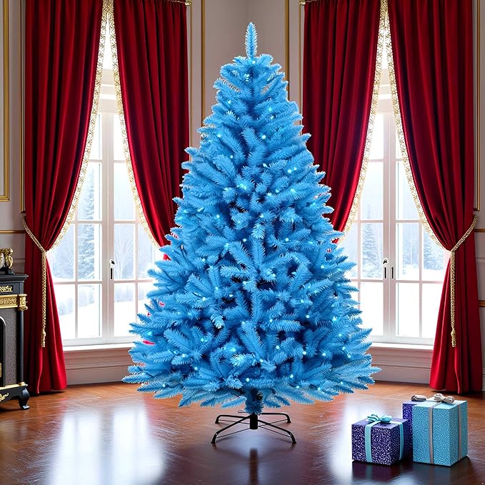 YULETIME 6.5ft Pre-Lit Blue Christmas Tree, Artificial Holiday Decorative Tree with UL Listed 300 Blue LED Christmas Lights (Blue)