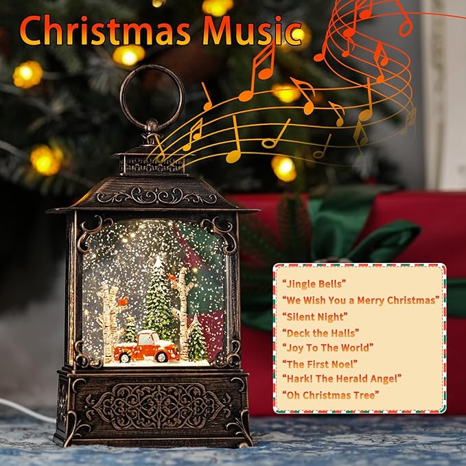 Christmas Snow Globes with Red Truck, Light Up Snow Globes with Music Timer - USB Plug or Battery Operated Glitter Globe Indoor Christmas Decorations