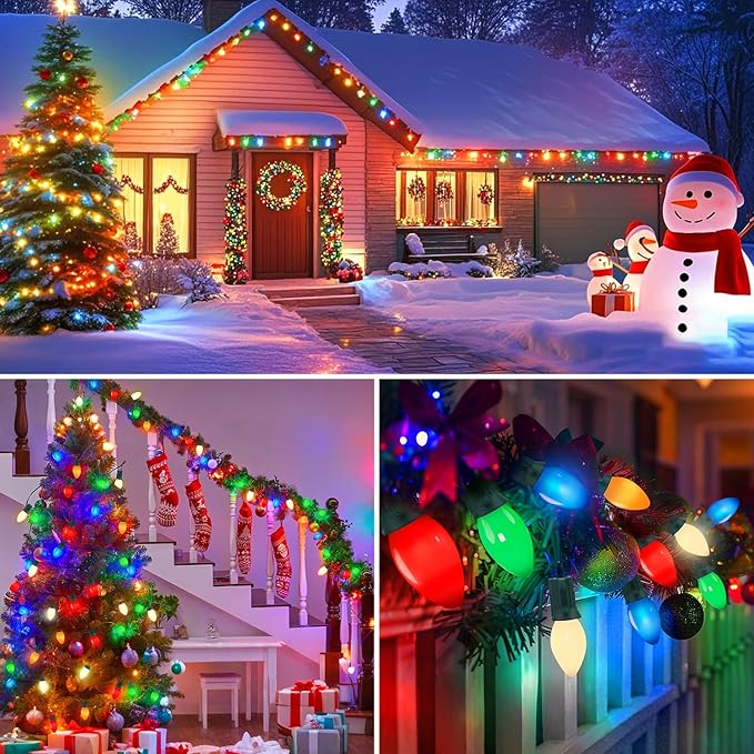 50FT C7 LED Christmas Decorations Lights Outdoor, Multicolor Christmas Lights Green Wire with 50+5 Multicolored C7 LED Light Bulbs, Vintage Decor Light for Xmas Tree Home Yard Party Decor, E12 Base