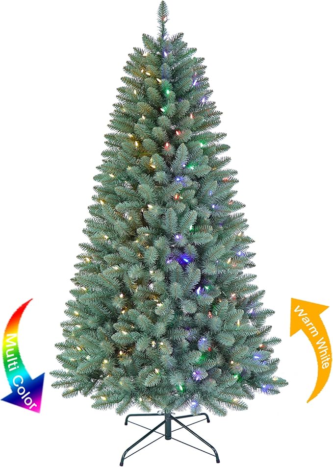 6.5FT Prelit Slim Artificial Christmas Tree with 813 Branch Tips, 250 Dual-Color LED Lights and Metal Stand, Realistic Skinny Pencil Blue Spruce Tree for Holiday Décor