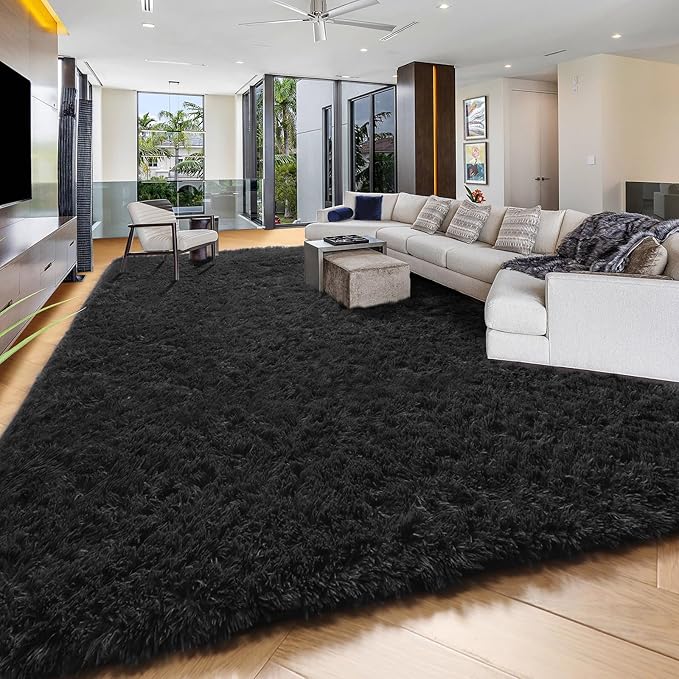 PAGISOFE Fluffy Shaggy Black Area Rug 8x10 Feet, Plush Rugs for Living Room Bedroom, Soft Rug for Nursery, Furry Rugs for Girls Boys Kids Room, Extra Large Fuzzy Rug, Shag Carpet, Black