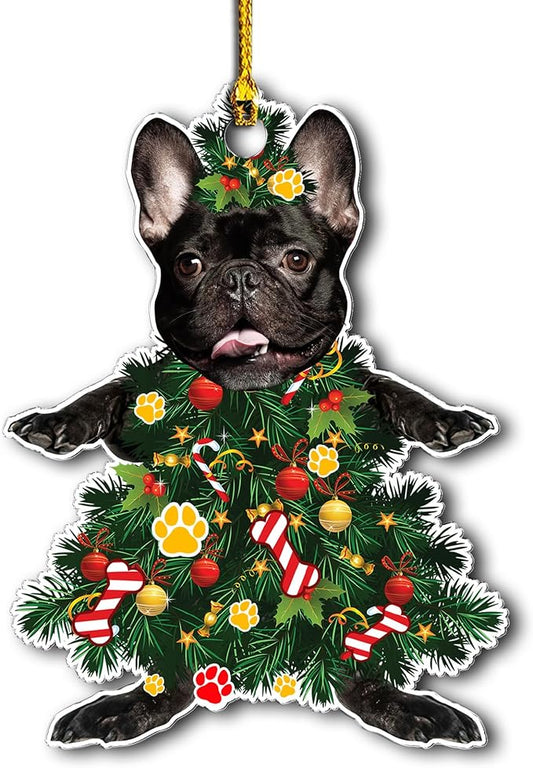 2024 Black French Bulldog Christmas Tree Ornament - Festive Holiday Hanging Decoration with Adorable Frenchie Dog - Black French Bulldog Christmas Tree Topper Ornaments
