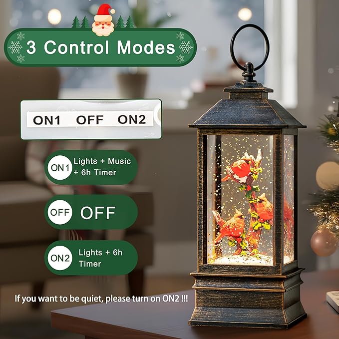 10" Snow Globe Lights, Shimmering Music Box, USB and Battery Powered Christmas Decorations Gift (Three Cardinals)