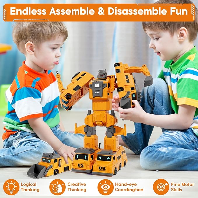 Magnetic Transform Engineering Car for Boys 4-6, Assembled Transforming Robot Toys for Kids 5-7, 10 in 1 Construction Vehicles Toy Sets, Birthday Gifts for Boys Age 3 4 5 6 7 8