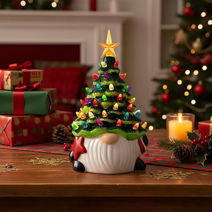 Ceramic Gnome Christmas Tree, Christmas Decor Indoor with 54 Multi-Colored Lights, Pre-Light Hand-Painted Hoilday Tree with 5-Pointed Star for Tabletop Decorative Xmas Decorations