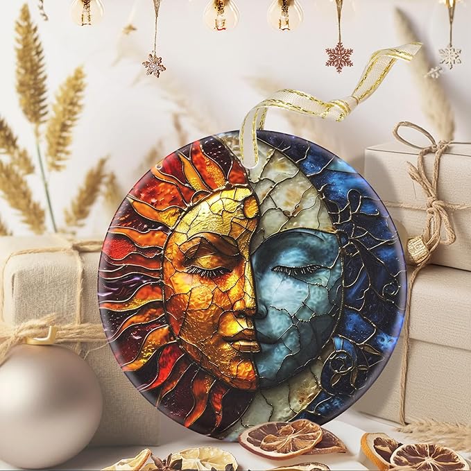 3.5 Inch Ceramic Christmas Tree Ornament, Sun and Moon Christmas Ornaments, Heirloom Keepsake, Gift Exchange, Gift Idea, Bauble Present