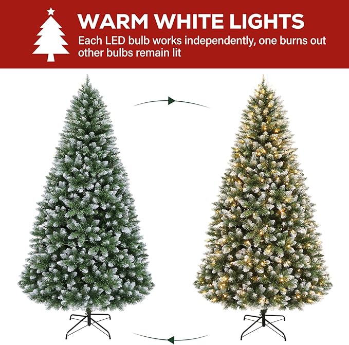 Hykolity 7.5 ft Prelit Christmas Tree, Artificial Christmas Tree with 350 Warm White Lights, 1446 Branch Tips, Metal Stand and Hinged Branches