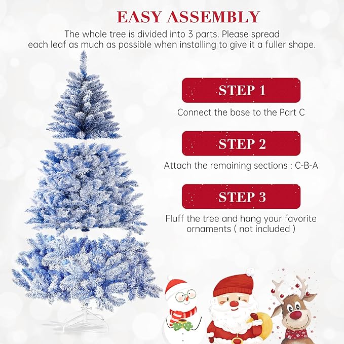 SUNCROWN 6ft Artificial Flocked Christmas Tree Premium Frosted Snow Christmas Tree Hinged Xmas Tree Holiday Decor for Indoor Outdoor, Foldable Metal Stand, 1000 Branch Tips, Dark Blue