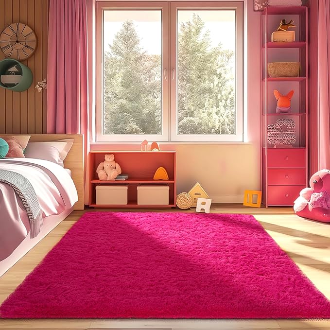 Ophanie Hot Pink Rugs for Bedroom Living Room, Fluffy Fuzzy Furry Carpet, Plush Soft Shaggy Bedside Indoor Floor 4x6 Area Rug for Kids Girls Boys Baby Teen Dorm Nursery Home Decor Aesthetic