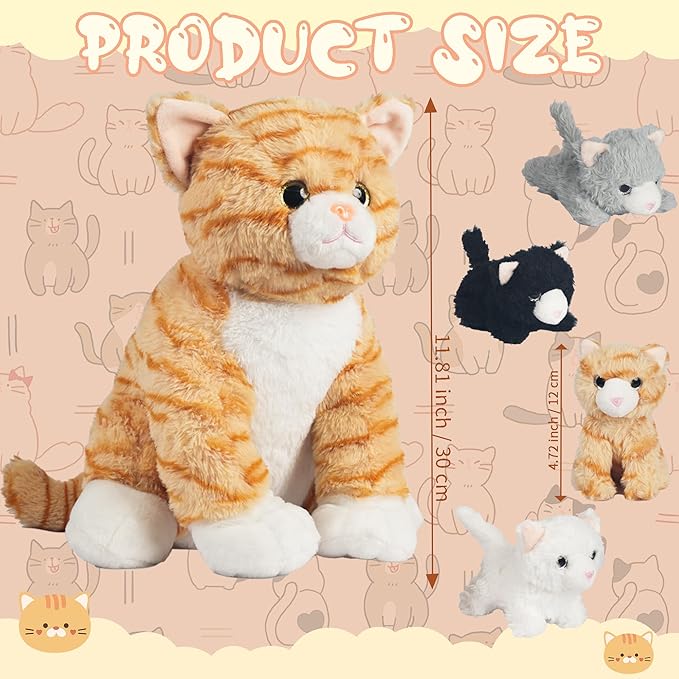 5 Pcs Cat Stuffed Animal with Babies Inside Belly, 1 Mommy Stuffed Cat Plush Toy with 4 Kittens Stuffed Kitty Cats Plushies Toys for Kids Girls Boys Birthday Christmas Easter Stuffers Gifts