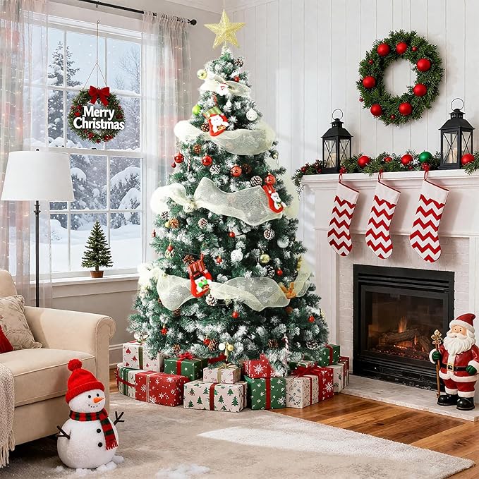 6FT Lighted Snow Christmas Tree, Partially Frosted Xmas Pine Tree with Pine Cones, White LED Lights, 800 PVC Branch Tips, Metal Stand and Hinged Branches for Home, Party Decoration