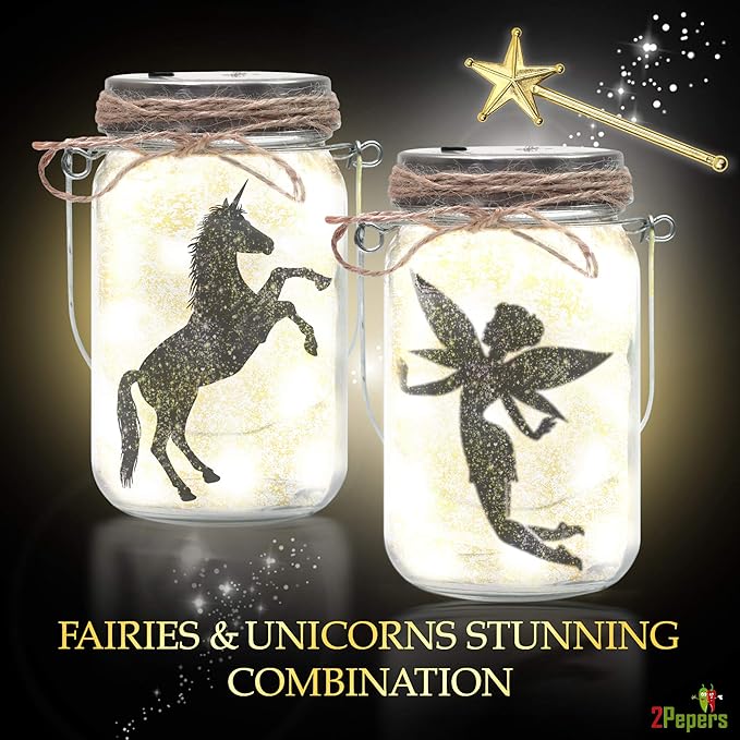 2Pepers DIY Fairy and Unicorn Nightlight Craft Kit (2 Pack), Fairy Lantern Jars Arts and Crafts for Girls, Make Your Own Unicorn Lamp Decor Craft Project, Gifts for Kids