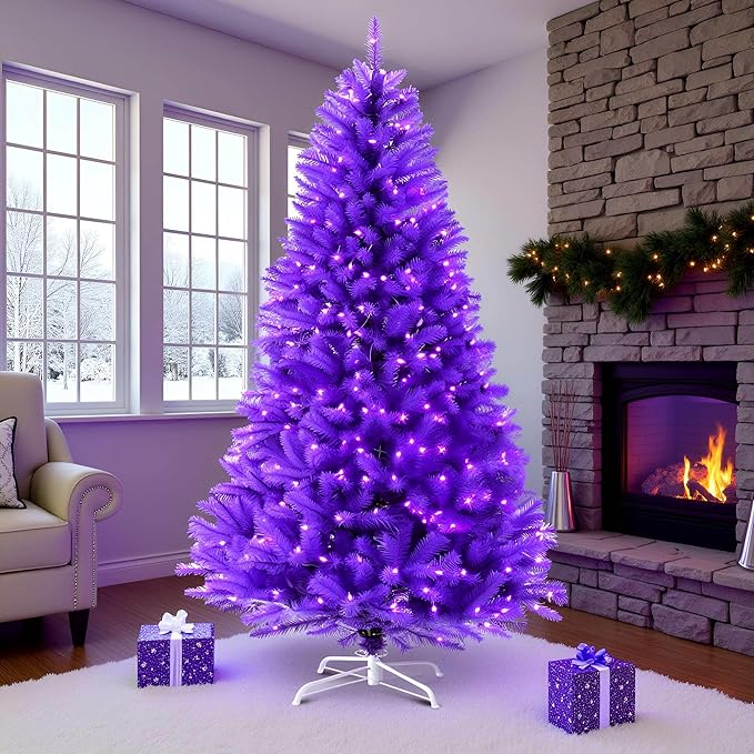 YULETIME 6.5 Feet Pre-Lit Purple Christmas Tree, Artificial Holiday Decorative Tree with UL Listed 300 Purple LED Christmas Lights with Matching Color Wire