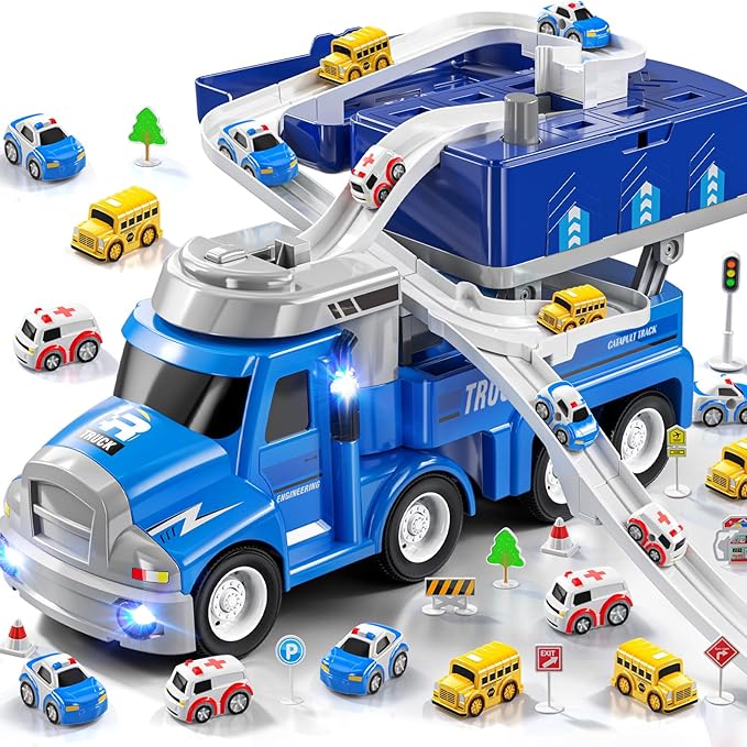 2 in1 Carrier Toy Trucks for Kids 3 4 5 6 Years Old - Vehicle Toys with 8 City Cars, Transport Race Tracks with Light and Music, Educational Car Games Gift for Toddler Ages 2-4 3-5 4-6 (Blue)