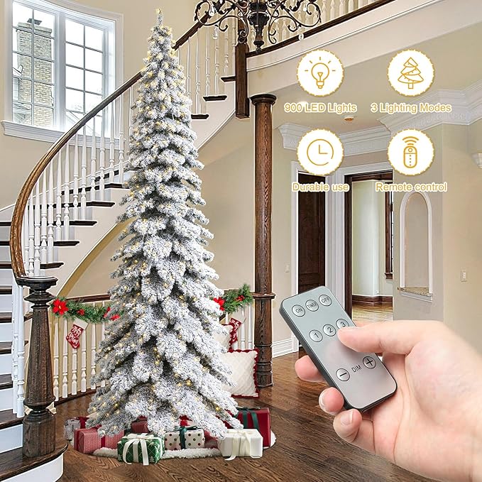 Glitzhome 12ft Artificial Christmas Tree, Pre-Lit Layered Flocked Slim Spruce Tree with 900 Warm White Lights and Foldable Metal Stand, Easy Assembly