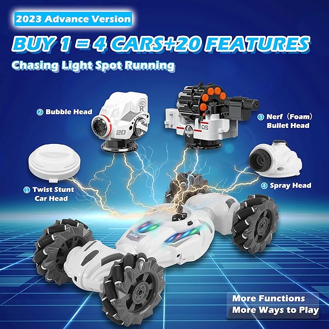 4 Head RC Tank Cars That Shoots Nerf Bullets, Bubble, Spray, Nerf Tank Remote Control Car for Boys 6 7 8 9 10 11 12 Year Old, RC Stunt Car Chase Light Control, LED Light, Music, Kids Toy Gift