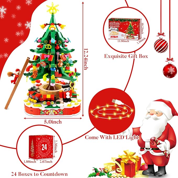 Advent Calendar 2025 Christmas Tree Building Blocks Set with Warm Light, Christmas Countdown Calendar, 24 Days Building Toys for Kids Creative Christmas Gifts for Kids Teens Adults