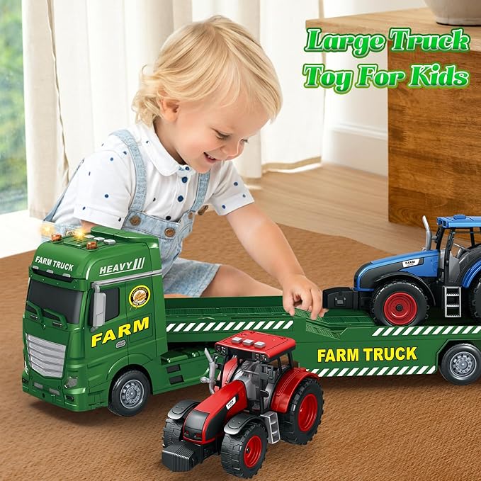 3-in-1 Farm Truck Toys for Kids Ages 3-6 - Inertia Semi Trailer with Tractor & Farm Vehicle, Light and Sound Play Set