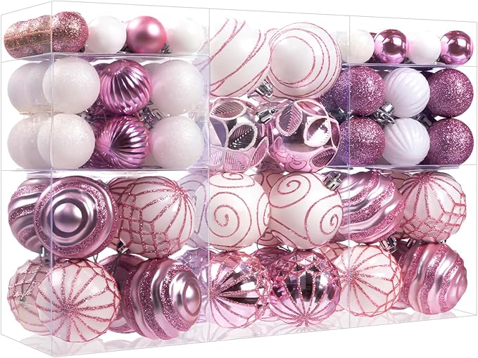 100Pcs Christmas Ball Ornaments Set, Shatterproof Plastic Pink and White Christmas Ornaments for Xmas Tree, Assorted Baubles Hanging Decorations for Holiday/Party/Wedding