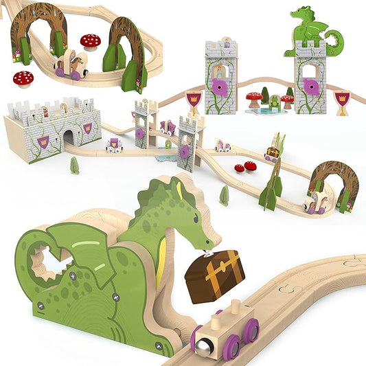 68 Pcs Fantasy Kingdom Adventure Wooden Train Set in Wooden Storage Box Unisex Children Toys Girls Boys 3 4 5 6 7 Years Compatible with Thomas, BRIO, Melissa and Doug, Imaginarium, IKEA