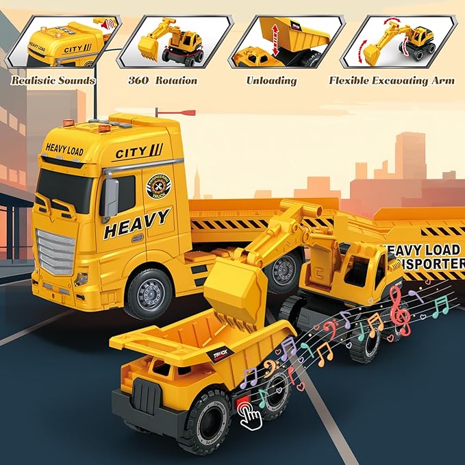 3-in-1 Construction Truck Toys for Kids Ages 3-6 - Inertia Semi Trailer with Excavator & Dump Truck, Light and Sound Play Vehicles