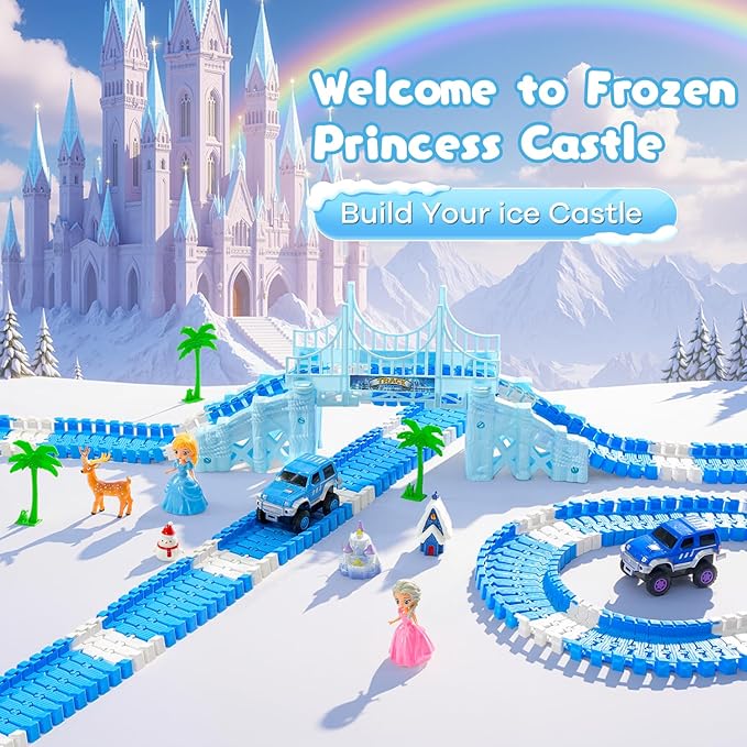 Frozen Race Track Toys for Girls Ages 3-8, 224 PCS Princess Castle Car Toys with Magic Bendable, 2 Monster Truck, Flexible DIY Track Set, Christmas Birthday Gifts for 3 4 5 6 7 8 Year Olds Toddler Kid