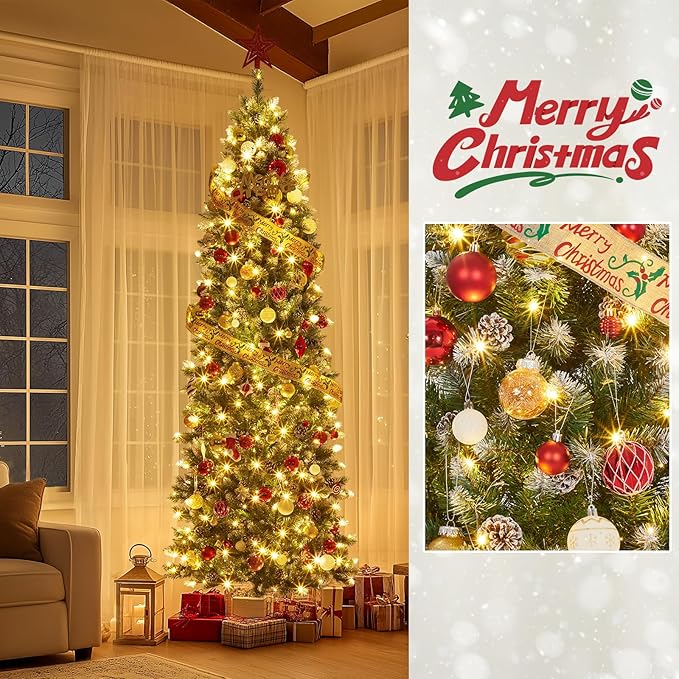 GAOMON Slim Artificial Christmas Tree, 7.5ft Pre-lit with 600 Warm White Lights, Pre-Decorated 84 Pine Cones & 900 Flocked Tips, for Home Office Party Decor (Xmas, New Years) Includes Metal Stand