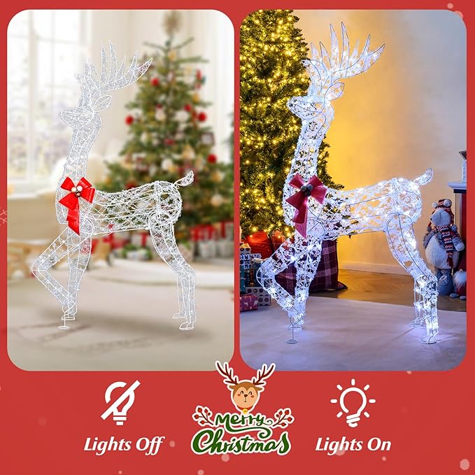 Tangkula 5 FT Lighted Christmas Reindeer, 3D Standing Lighted Buck Deer with LED Lights, Indoor/Outdoor Lighted Holiday Decor for Yards Garden Lawn Patio