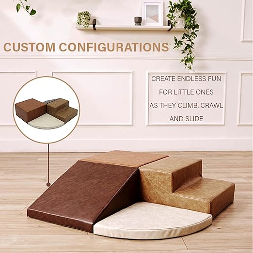 FDP Rustic Western Toddler Playtime Corner Climber, Distressed Faux Hide Leather, Indoor Active Play Structure for Toddlers and Kids, Safe Soft Foam for Crawling and Sliding (4-Piece Set), 11619-DA