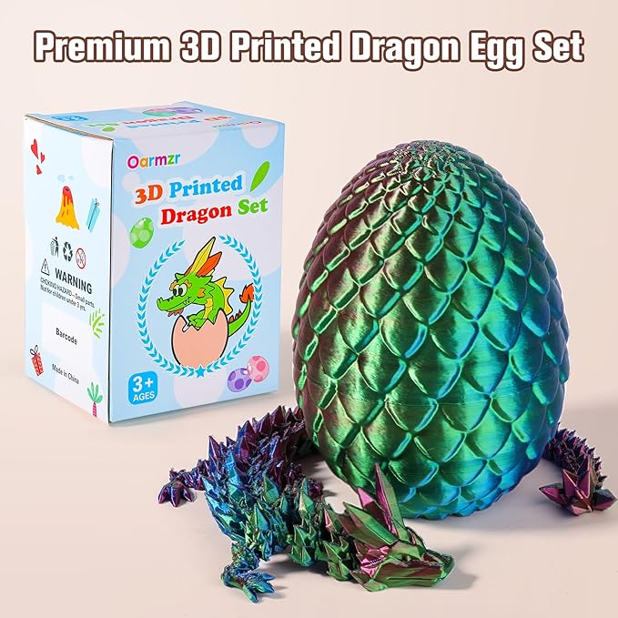 12''3D Printed Dragon and 4.73''Egg - 3D Printed Toys, Articulated Crystal Dragon Egg with Dragons Inside Fidget Toy, Decor Dragons Collectible Figurines (Blue Green Purple,12inch)
