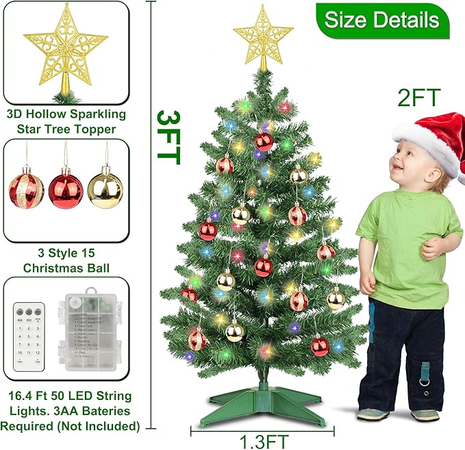 3 Ft Premium Green Christmas Tree Dual Color Change 12 Modes Timer DIY 50 Warm White & Colored Lights 15 Ball Ornaments Star Battery Operated Small Artificial Full Xmas Tree Table Indoor Holiday Decor