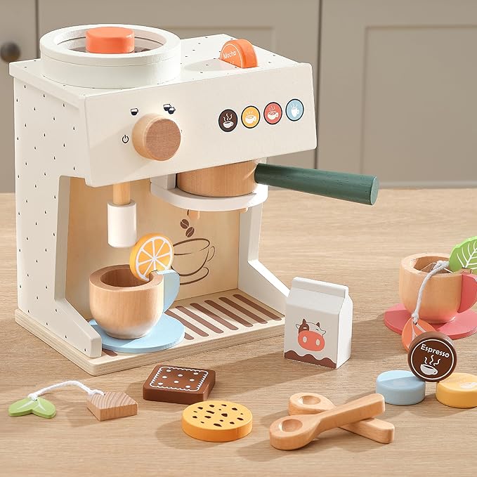 PairPear Wooden Toy Coffee Maker Set for Kids Kitchen, 18 Piece Play Food Coffee Machine Playset, Pretend Play Kitchen Accessories Set for Girls and Boys Ages 3+