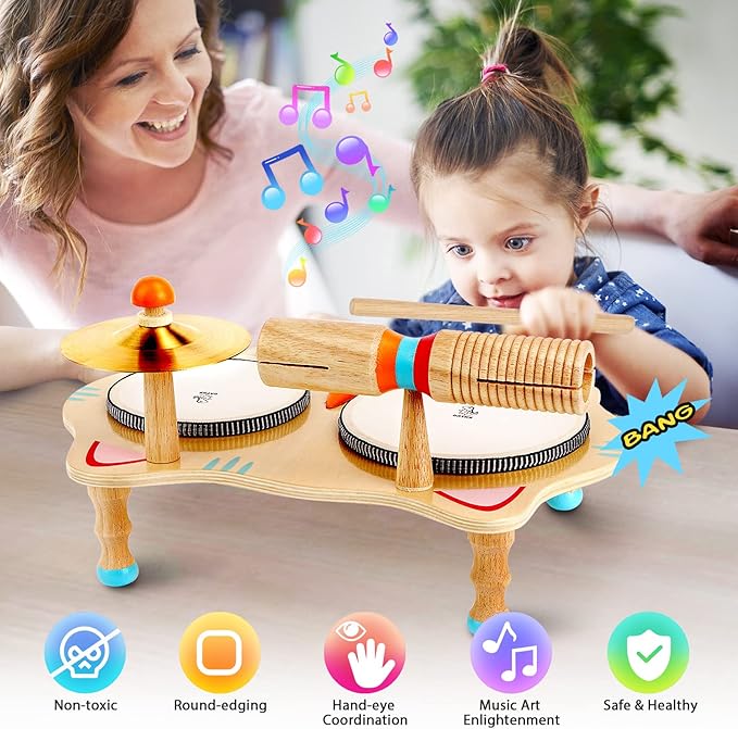 oathx Kids Drum Set All in One Montessori Musical Instruments Set Toddler Toys Natural Wooden Music Kit Baby Sensory Toys Months Birthday Gifts for Girls Boys