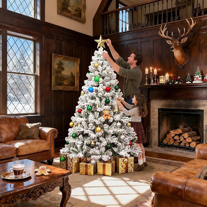 6Ft Flocked Christmas Tree,Realistic Snow-Covered Artificial Xmas Tree with Hinged Branches for Easy Setup,w/1100 Snow Flocked Branch Tips for Home,Office,Party Decoration