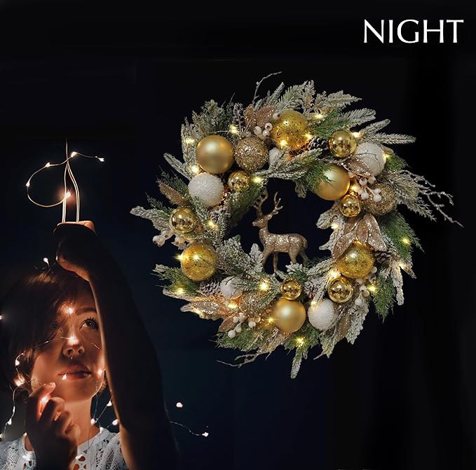 24 inch Pre-Lit Gold Christmas Wreath for Front Door Outdoor, Decorated with Ornaments, Deer Figurine, Flocked Artificial Green Pine Branches, White LED Lights