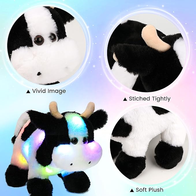 Hopearl LED Plush Cow Lighting Up Stuffed Animal Diary Cattle Floppy Night Lights Glow in The Dark Birthday Festival for Kids Toddler Girls, 12''