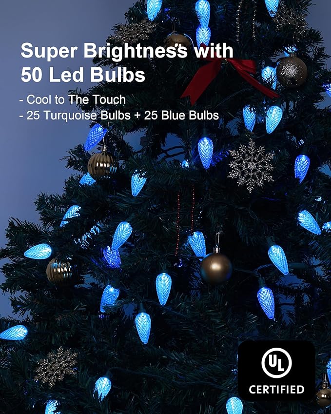 C9 LED Christmas String Lights, 33.33ft 50 LED Outdoor Indoor Decorative Light Strand, Xmas Holiday Lights for House, Christmas Tree, Patio, Party Decoration, Turquoise & Ice Blue, UL Listed