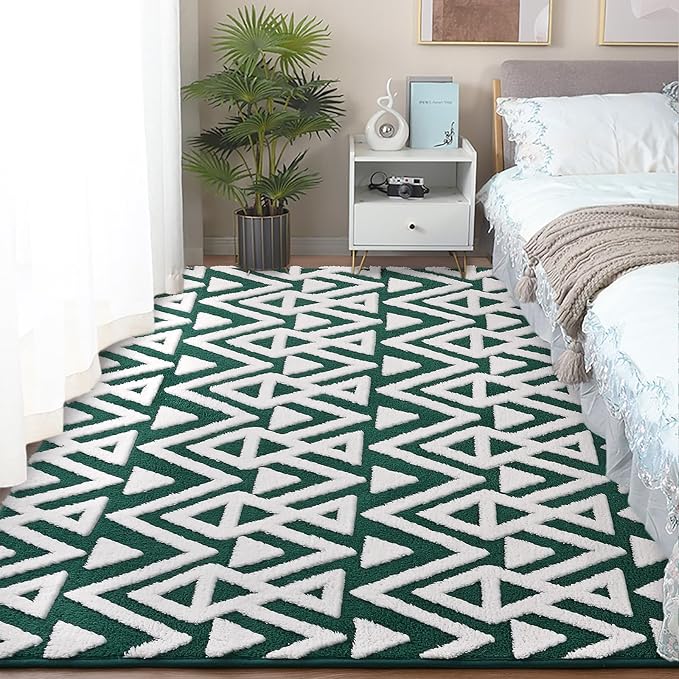 Ompaa Ultra Soft Shaggy Rugs Memory Foam Bedroom Carpet, Green and White 3x5 Feet, Plush Geometric Textured Area Rugs for Living Room Couch Dorm Bedside Kids Girls Teens Room Nursery Decor Floor Mat